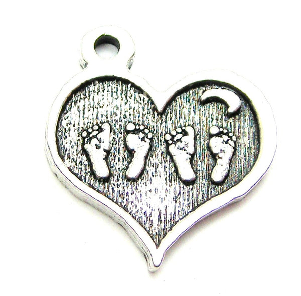 Twin Footprints On A Heart Genuine American Pewter Charm