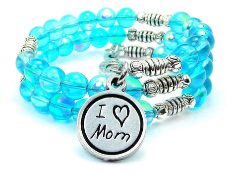 I Love Mom Child Handwriting Sea Siren Ocean Glass Wrap Bracelet