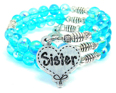 Sister Quilted Heart Sea Siren Ocean Glass Wrap Bracelet