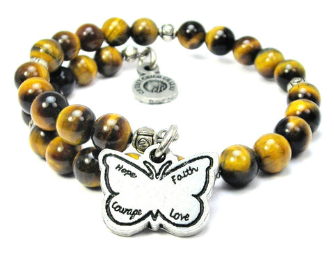 Hope Faith Courage Love Butterfly Tiger's Eye Glass Beaded Wrap Bracelet