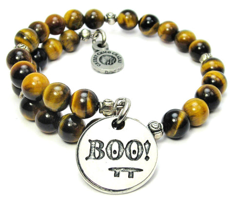 Boo With Face Tiger's Eye Glass Beaded Wrap Bracelet