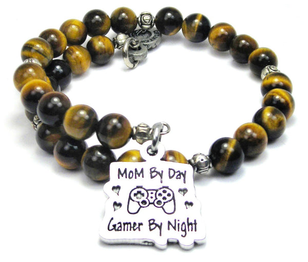 Mom By Day Gamer By Night Tiger's Eye Glass Beaded Wrap Bracelet