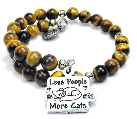 Less People More Cats Tiger's Eye Glass Beaded Wrap Bracelet