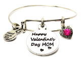 Happy Valentines Day Mom And Daughter Bangle Bracelet Set With Crystal Hearts