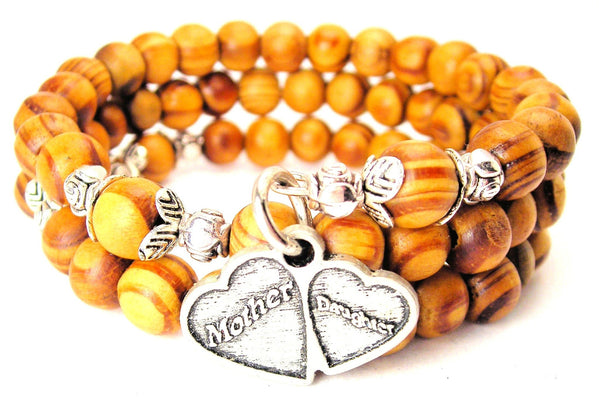 Mother Daughter Double Heart Natural Wood Wrap Bracelet