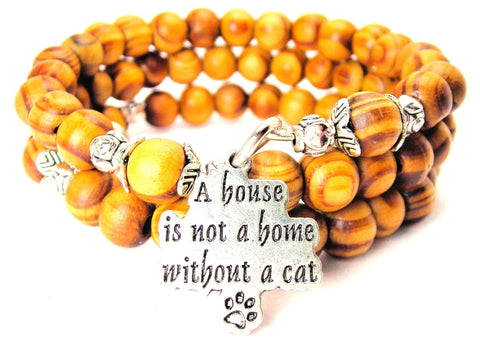 A House Is Not A Home Without A Cat Natural Wood Wrap Bracelet