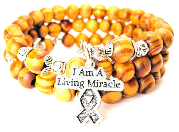 I Am A Living Miracle With Awareness Ribbon Natural Wood Wrap Bracelet