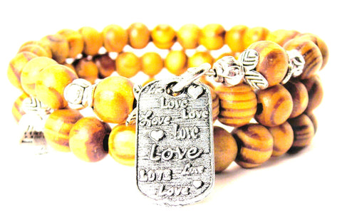 Love Love Love Dog Tag Natural Wood Wrap Bracelet