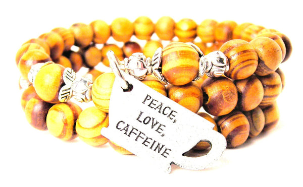 Peace, Love, Caffeine Coffee Cup Natural Wood Wrap Bracelet
