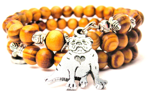 Sitting Bulldog With Heart Natural Wood Wrap Bracelet