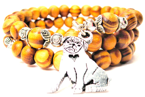 Sitting Pug With Heart Natural Wood Wrap Bracelets