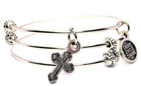 Engraved Catholic Cross Triple Style Expandable Bangle Bracelet
