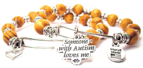 Someone With Autism Loves Me Natural Wood Double Bangle Set