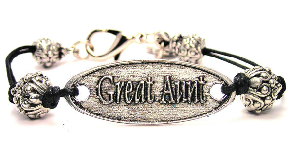 Great Aunt Pewter Beaded Black Cord Connector Bracelet