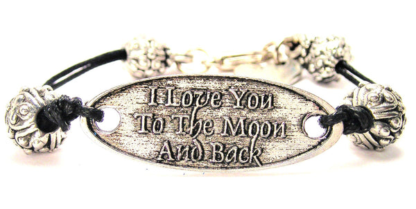 Raised Letters I Love You To The Moon And Back Pewter Beaded Black Cord Connector Bracelet