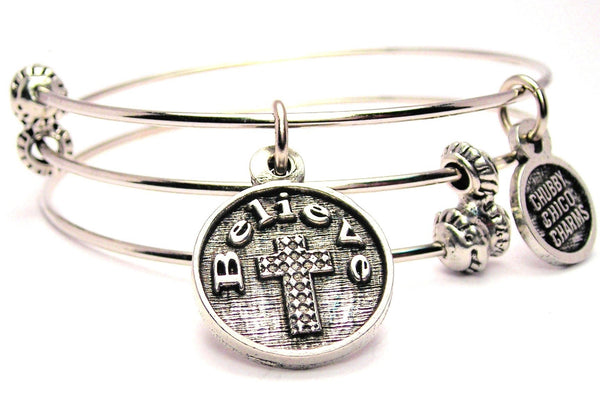 Believe With Textured Cross Triple Style Expandable Bangle Bracelet