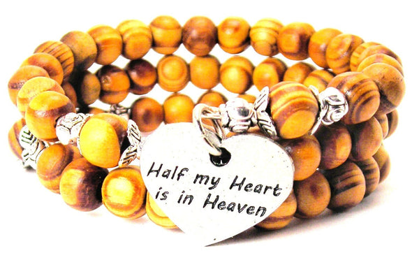 Half My Heart Is In Heaven Natural Wood Wrap Bracelet