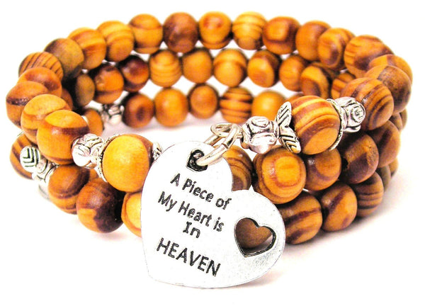 A Piece Of My Heart Is In Heaven Natural Wood Wrap Bracelet