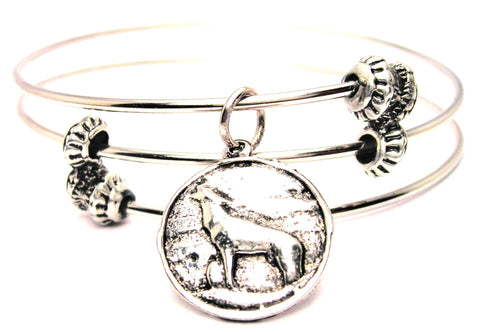 Wolf Howling In Moon Circle Triple Style Expandable Bangle Bracelet