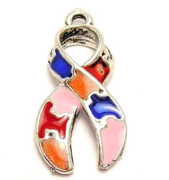 Autism Puzzle Piece Ribbon Painted Genuine American Pewter Charm