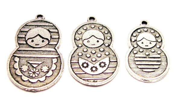 Russian Dolls 3 Piece Set Matryoshka Genuine American Pewter Charm