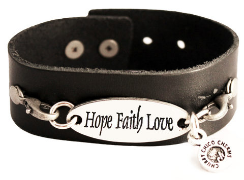 Hope Faith Love Black Vegan Faux Leather Cuff Bracelet