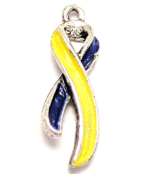 Down Syndrome Awareness Ribbon Hand Painted Yellow And Blue Genuine American Pewter Charm