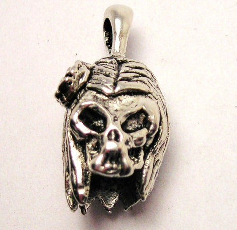 Day Of The Dead Female Skull With Long Hair And A Rose Genuine American Pewter Charm