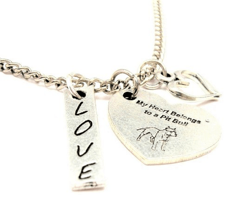 My Heart Belongs To A Pit Bull Heart Necklace With Love Stick And Open Heart