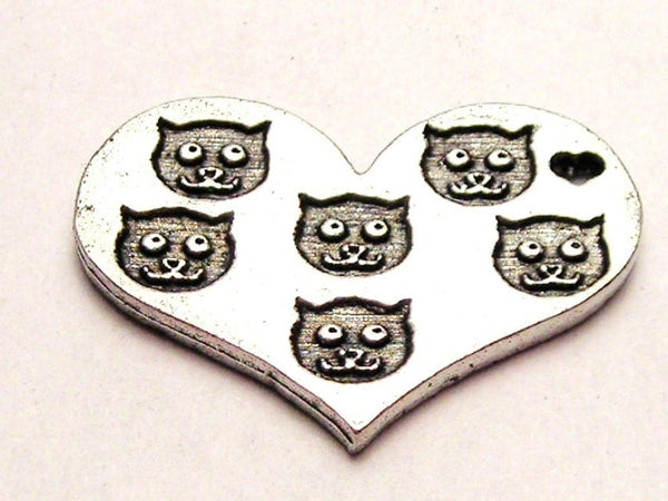 Kitty Faces All Over Heart Genuine American Pewter Charm