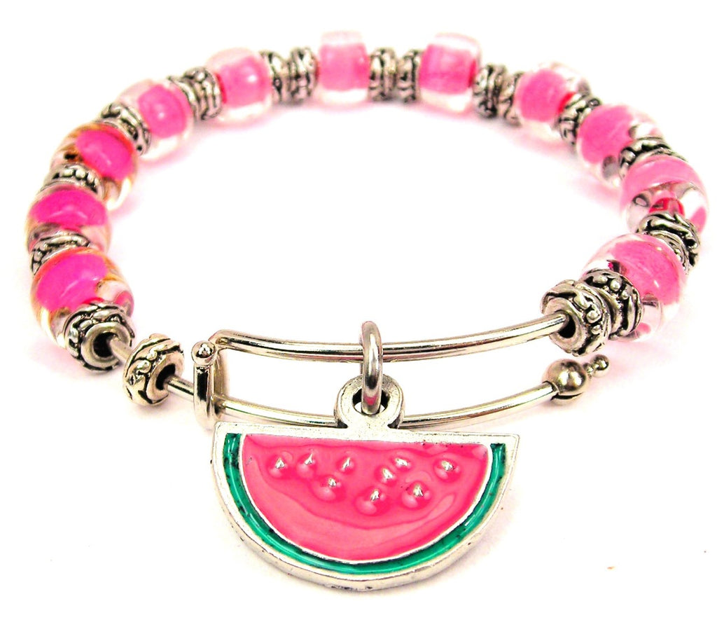 Watermelon Charm 9mm Glass Beaded Single Bracelet Regular (Fits 7-1/2 to 8) / Hot Pink